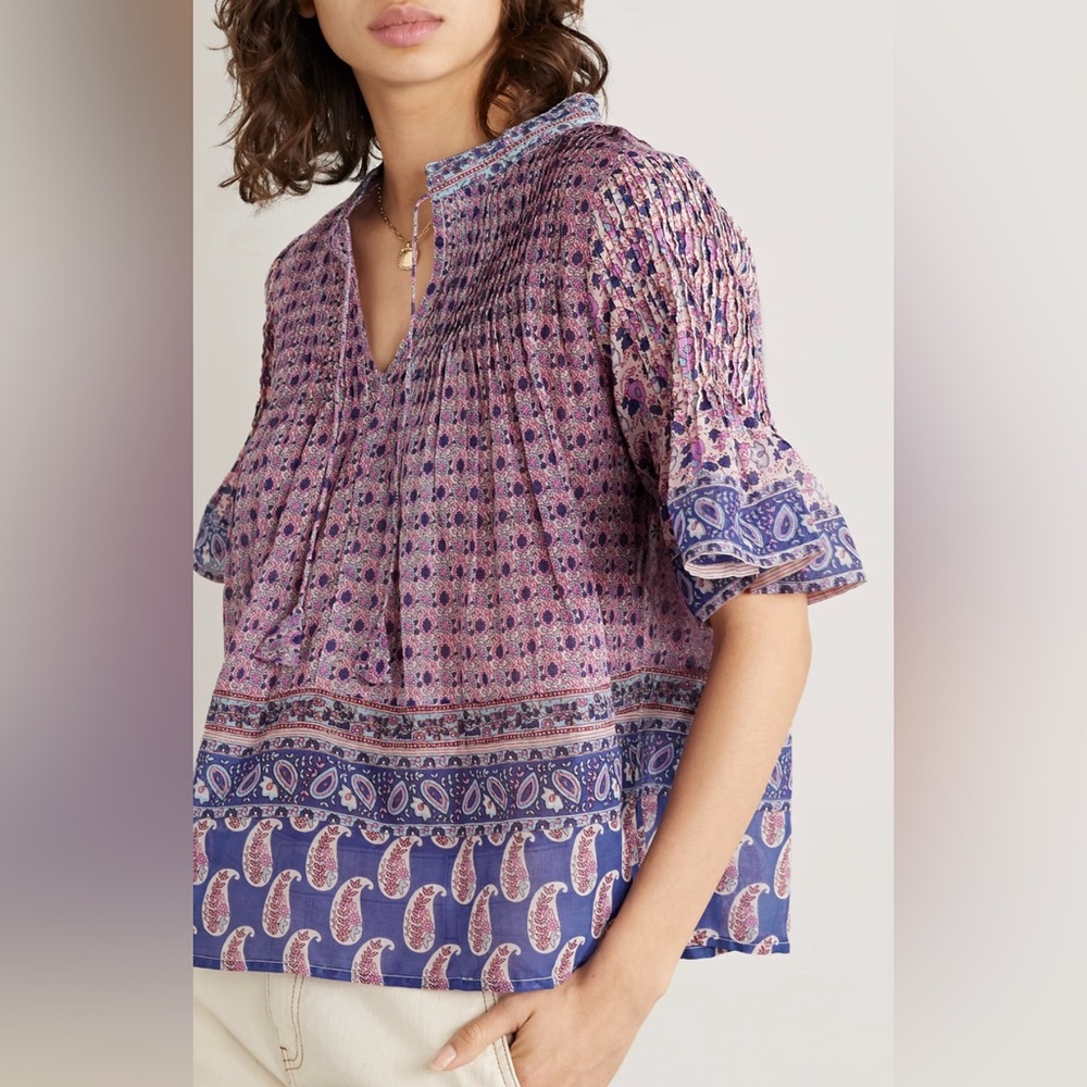 Sea Bianca Pintucked Printed Cotton-voile top Size 10